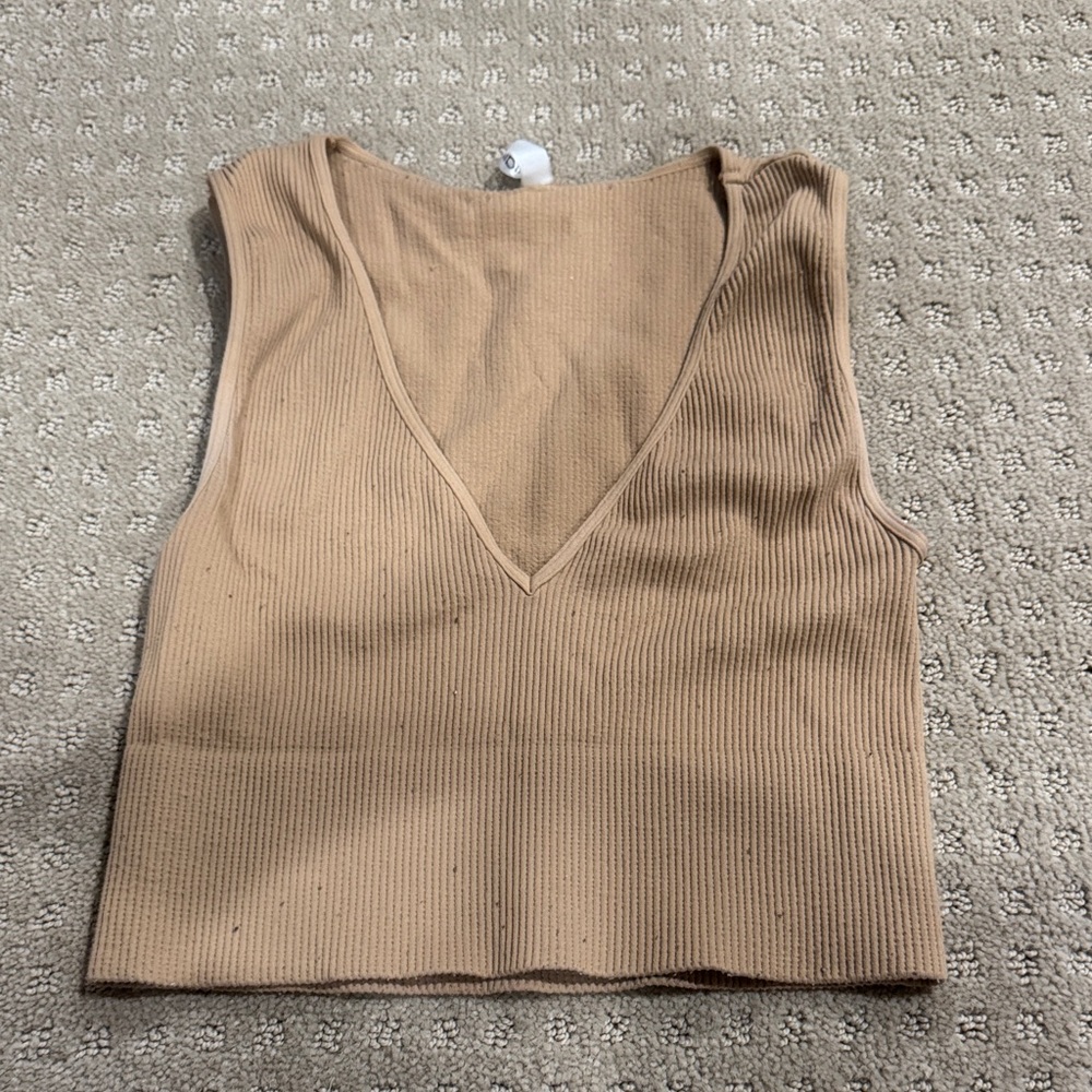 Nikibiki V-Neck Ribbed Tank Top in Tan